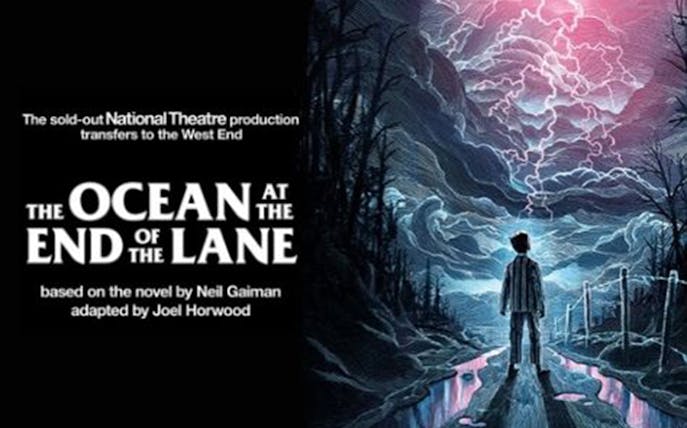 Theater poster for "The Ocean at the End of the Lane" with a figure facing a stormy sky.