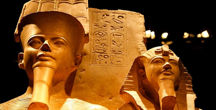 Ancient Egyptian statues with hieroglyphs at the Egyptian Museum.