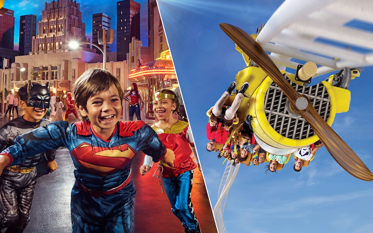 Children in superhero costumes at Warner Bros. World and people on a roller coaster at Ferrari World.