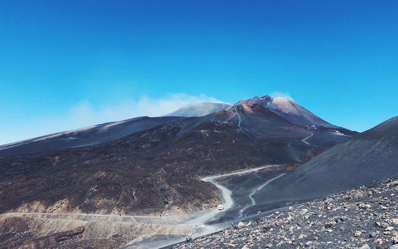 Mount Etna landscape with winding paths, Sicily, seen on a Jeep tour.
