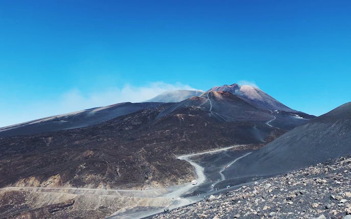 Mount Etna landscape with winding paths, Sicily, seen on a Jeep tour.