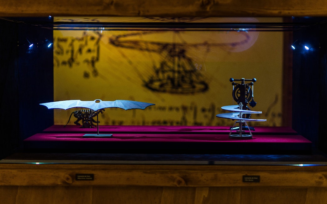 Leonardo da Vinci's flying machine models on display at Mostra di Leonardo exhibit.