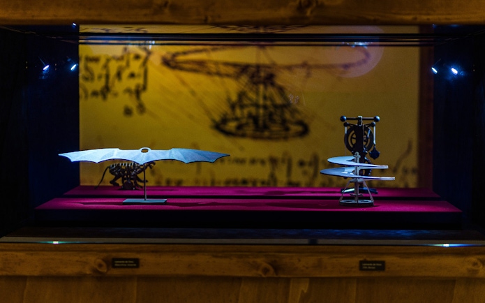 Leonardo da Vinci's flying machine models on display at Mostra di Leonardo exhibit.