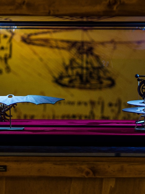 Leonardo da Vinci's flying machine models on display at Mostra di Leonardo exhibit.