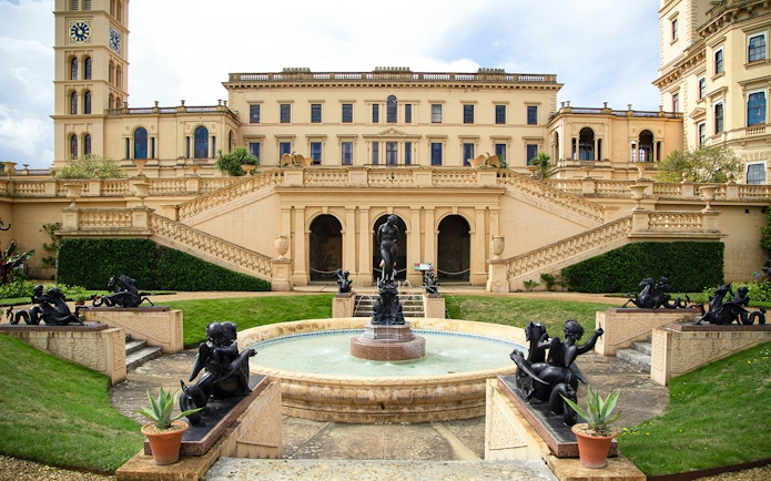Osborne House garden with fountain and statues, Isle of Wight.