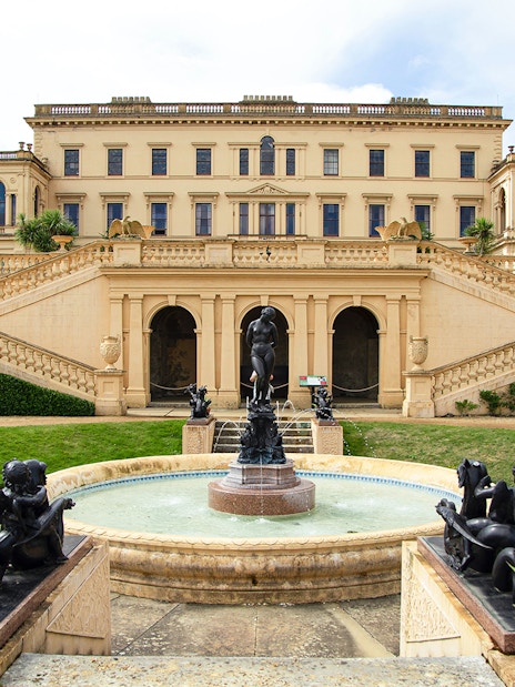 Osborne House garden with fountain and statues, Isle of Wight.