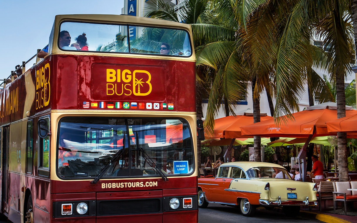 Hop On Hop Off bus in Miami passing by palm trees and outdoor cafes.