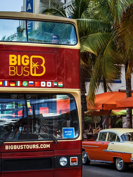 Hop On Hop Off bus in Miami passing by palm trees and outdoor cafes.