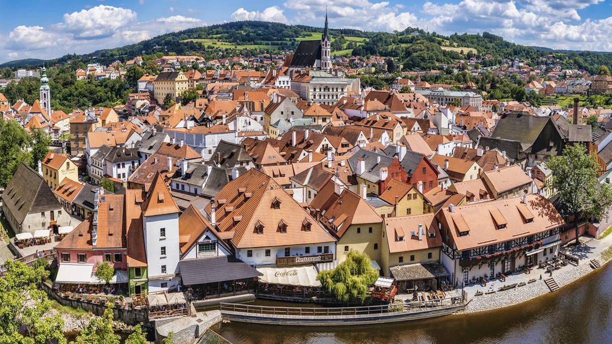 Český Krumlov castle view with Vltava River on a day trip from Prague.