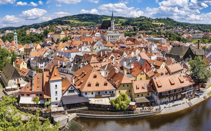 Český Krumlov aerial view with historic buildings and Vltava River, Czech Republic.