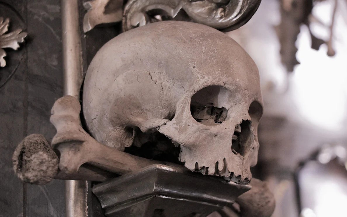 Skull and bones display at Sedlec Ossuary in Kutná Hora, Czech Republic.