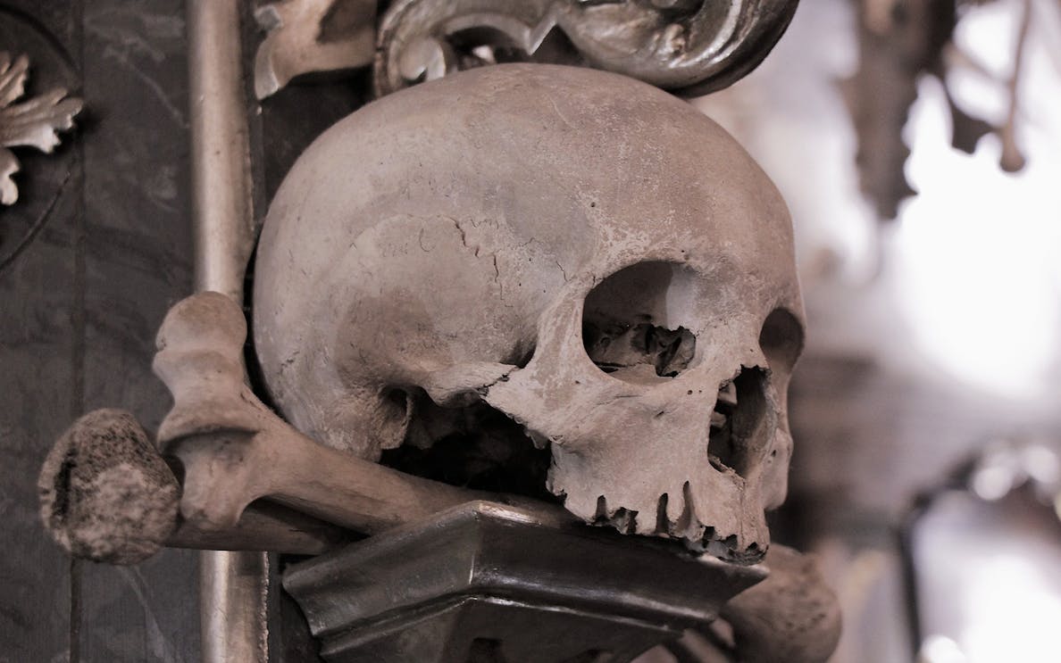 Skull and bones display at Sedlec Ossuary in Kutná Hora, Czech Republic.