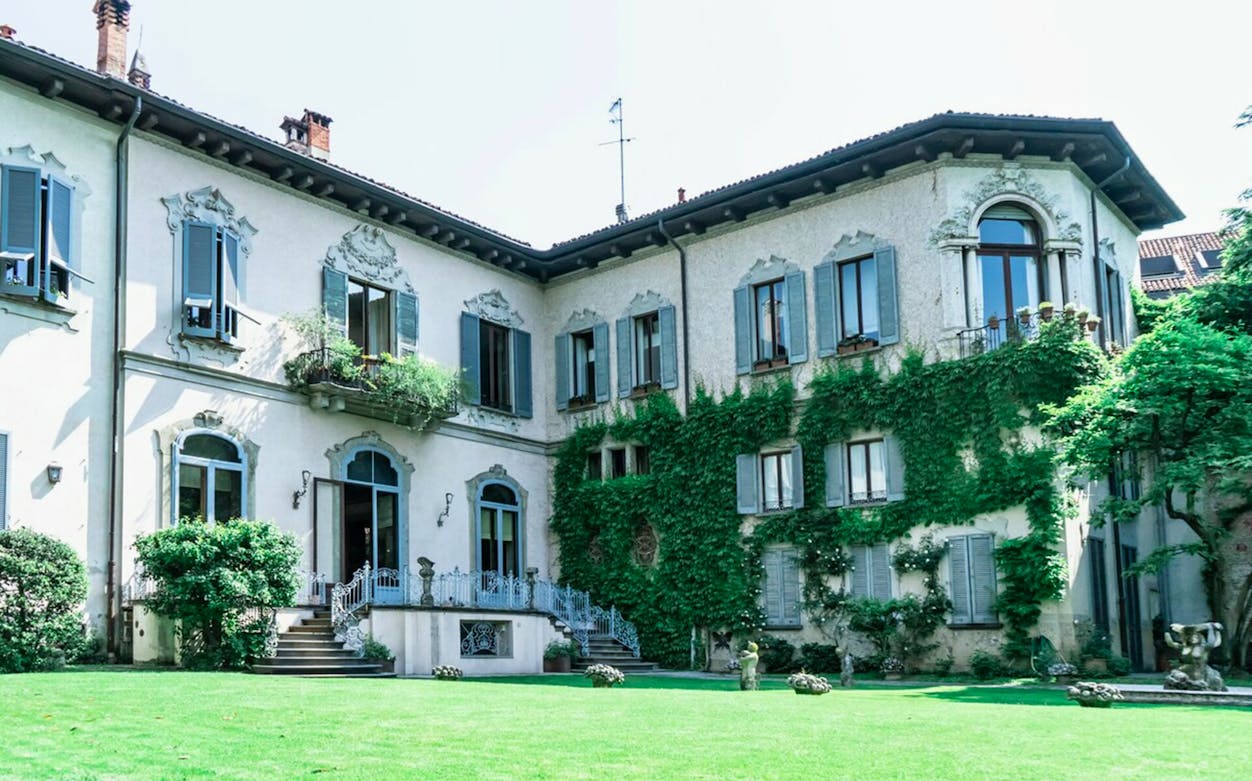 Leonardo's Vineyard historic building with ivy-covered walls in Milan, Italy.