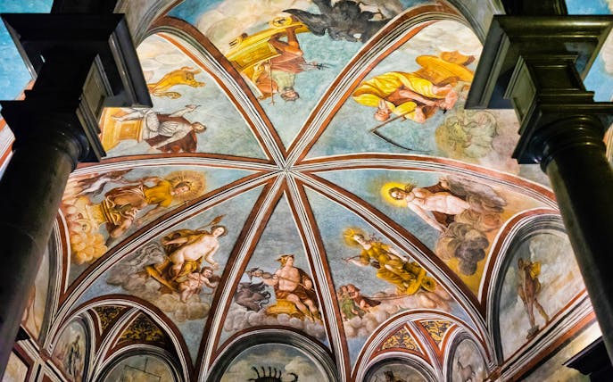 Frescoed ceiling in Leonardo's Vineyard, Milan, depicting mythological figures.