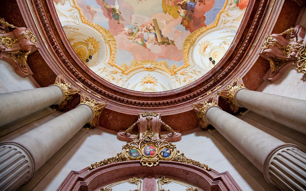 Ornate ceiling and columns inside Klosterneuburg Monastery, Austria.