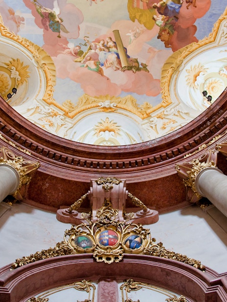 Ornate ceiling and columns inside Klosterneuburg Monastery, Austria.