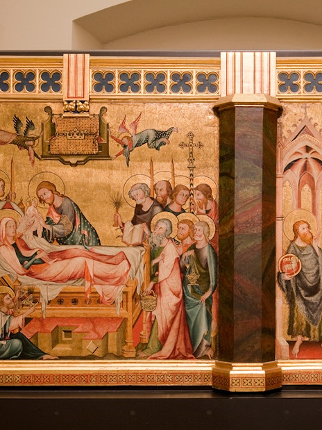Medieval religious artwork at Klosterneuburg Monastery, Austria, depicting biblical scenes.