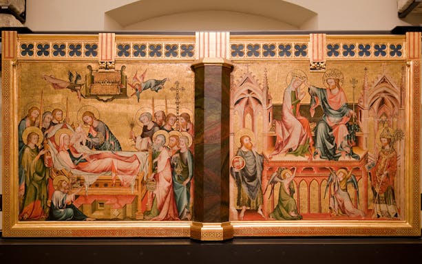 Medieval religious artwork at Klosterneuburg Monastery, Austria, depicting biblical scenes.