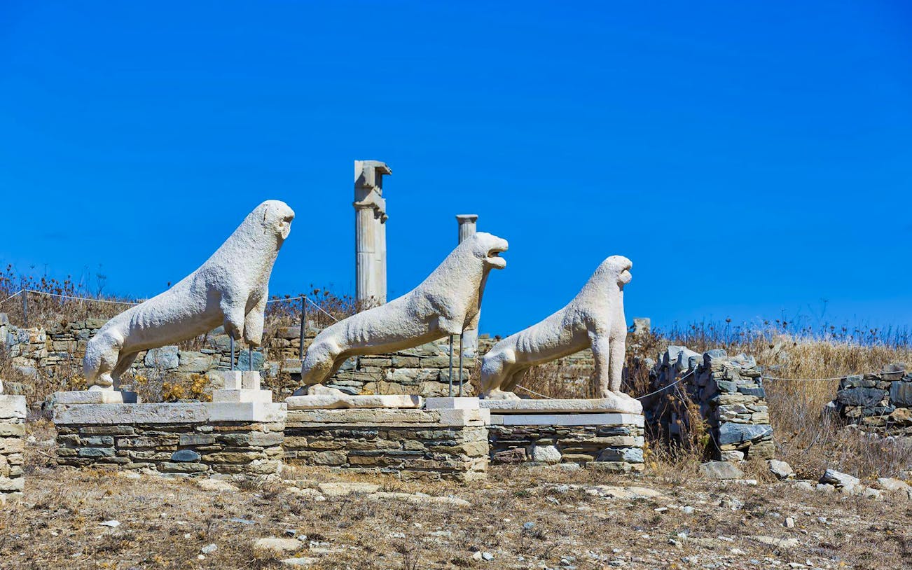 Delos Lion statues at the Delos Archaeological Site, Mykonos cruise tour.