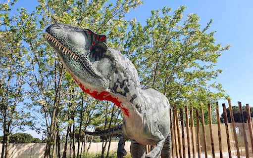 Dinosaur exhibit at Acquario di Cattolica surrounded by trees.