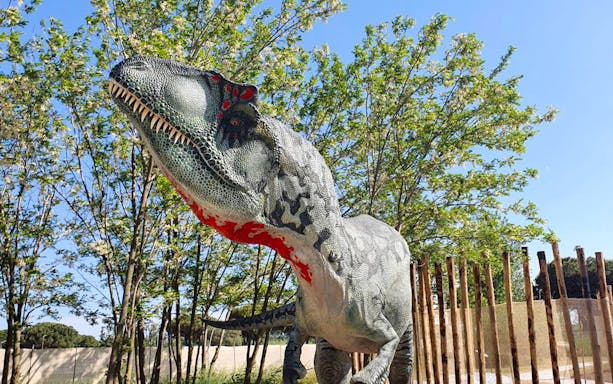 Dinosaur exhibit at Acquario di Cattolica surrounded by trees.