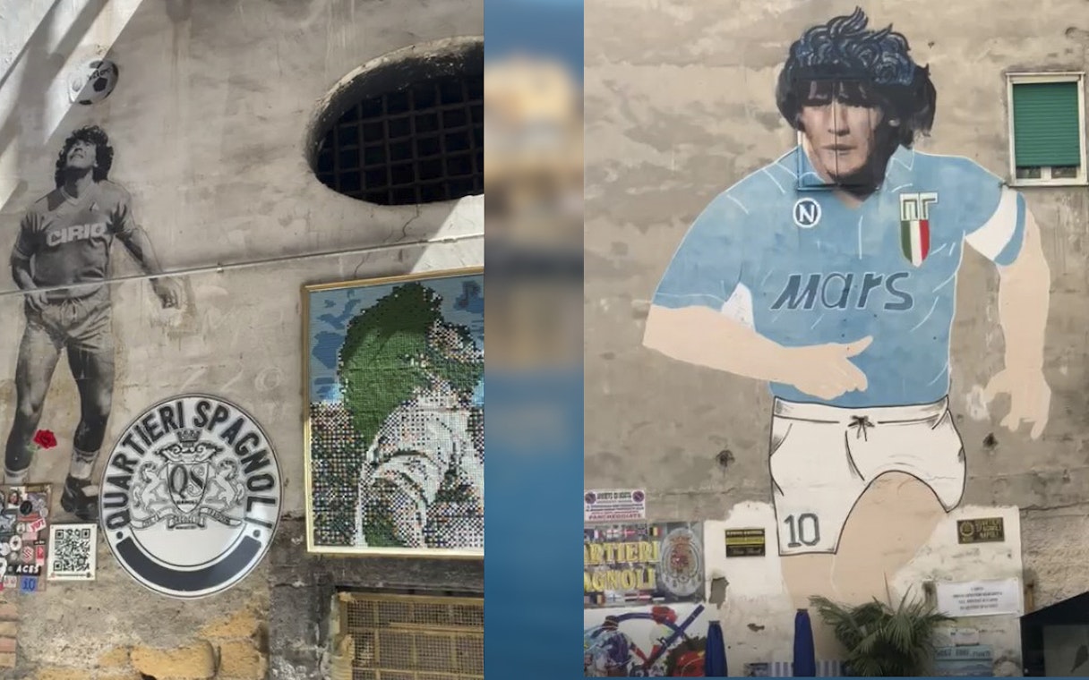Murals of Diego Maradona in Quartieri Spagnoli, Naples, celebrating his legacy.