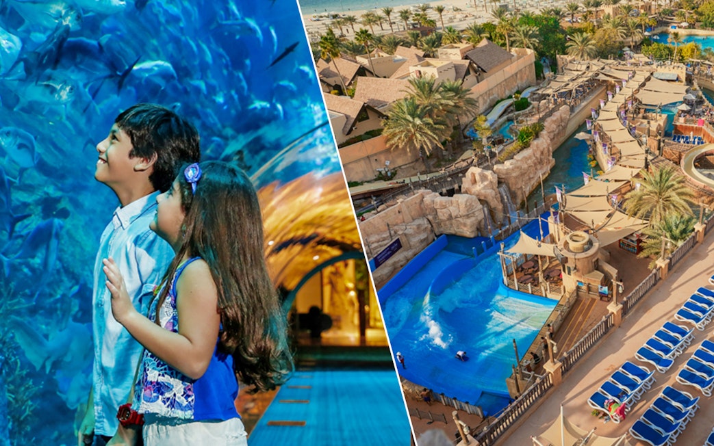 Children observing marine life at Dubai Aquarium and aerial view of Wild Wadi Water Park.
