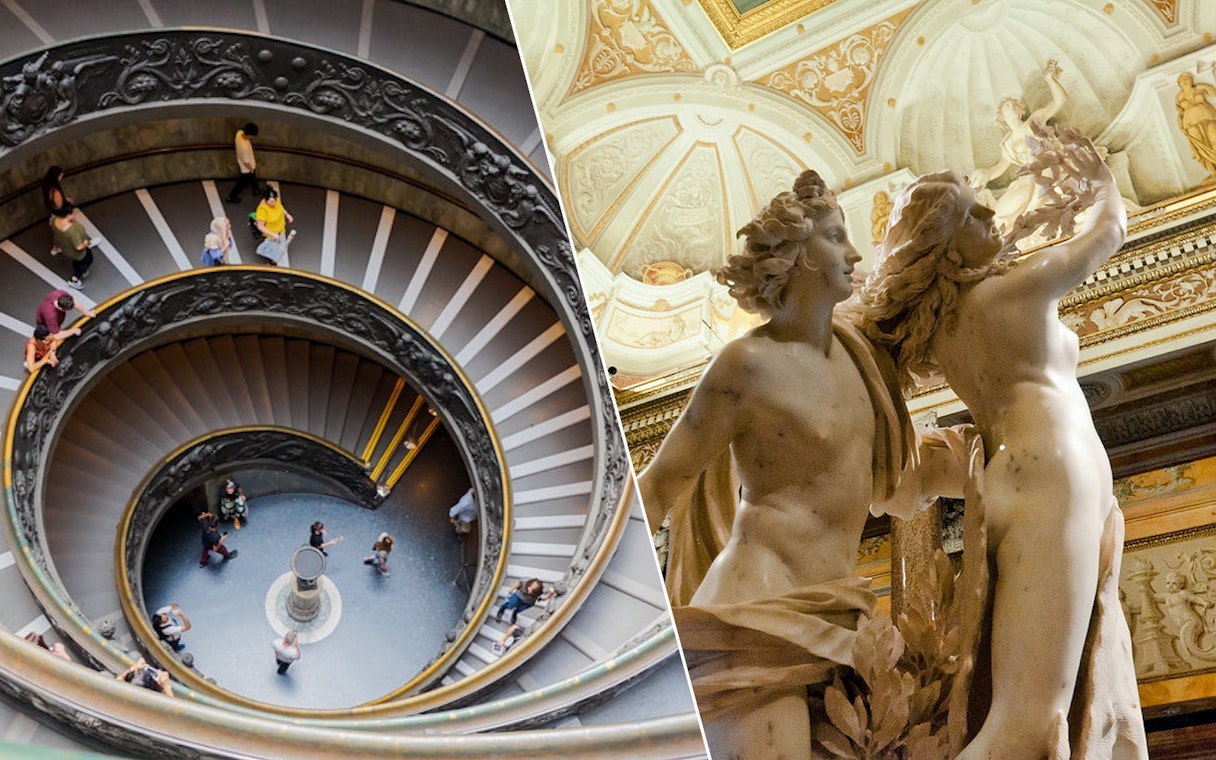 Vatican Museums spiral staircase and Borghese Gallery sculpture in Rome.