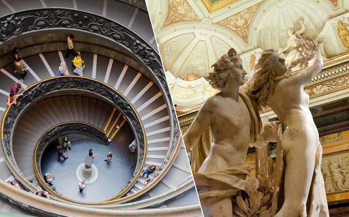 Vatican Museums spiral staircase and Borghese Gallery sculpture in Rome.