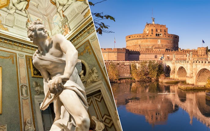 Borghese Gallery sculpture and Castel Sant'Angelo in Rome, Italy.