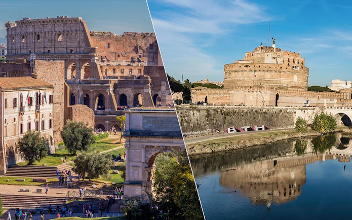 Colosseum and Castel Sant'Angelo in Rome, Italy, showcasing historic architecture.