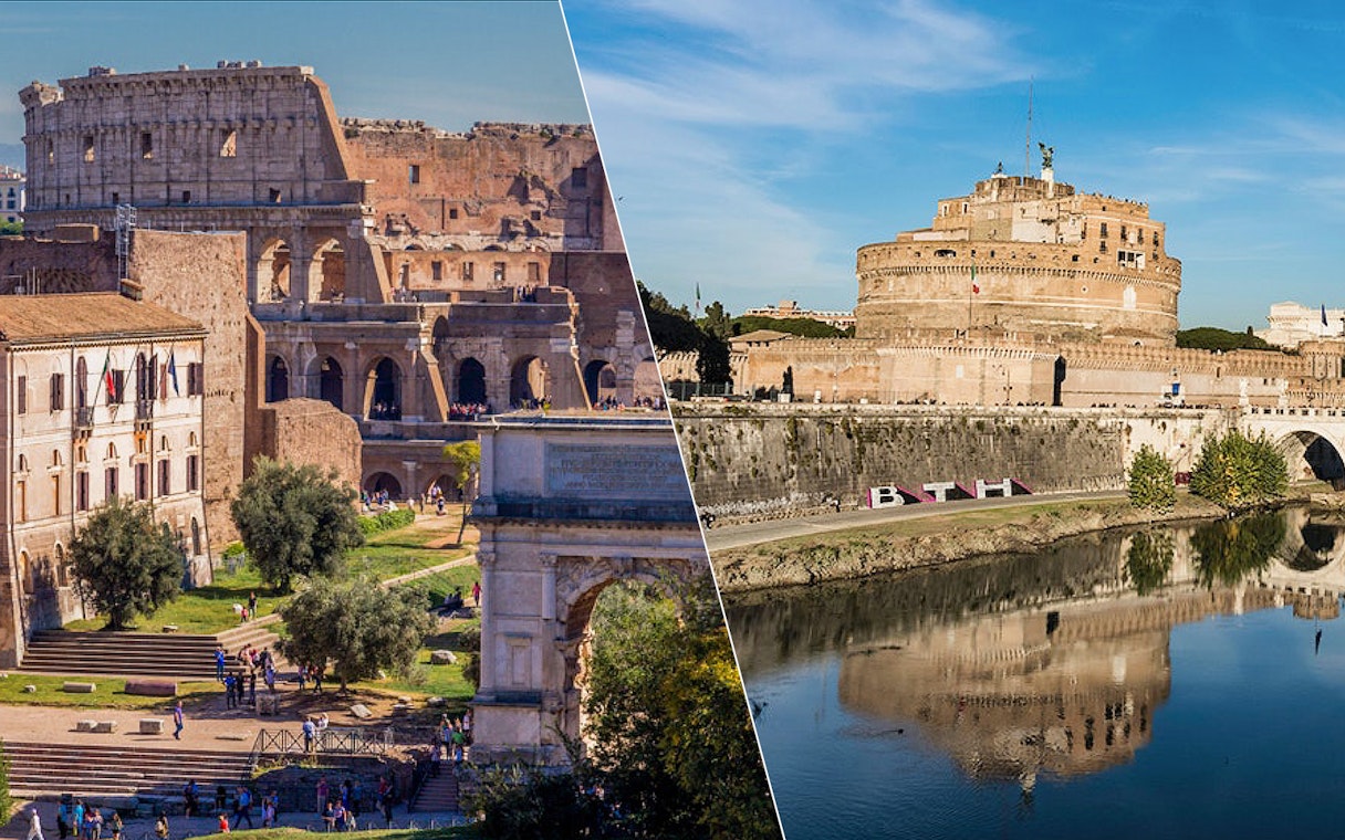 Colosseum and Castel Sant'Angelo in Rome, Italy, showcasing historic architecture.