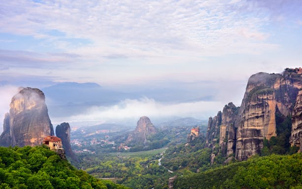 Meteora rock formations and monasteries in Greece, viewed from Thessaloniki tour.