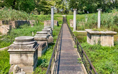 Ancient ruins and columns at Dion archaeological site near Mount Olympus, Greece.