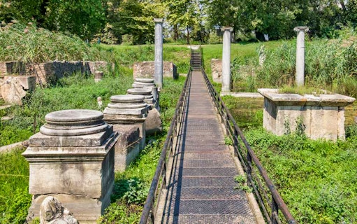 Ancient ruins and columns at Dion archaeological site near Mount Olympus, Greece.