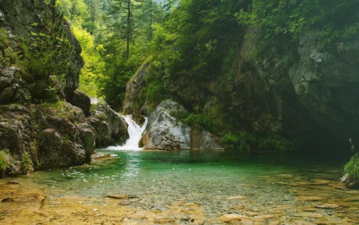 Waterfall and clear pool in lush forest at Mount Olympus, Greece.