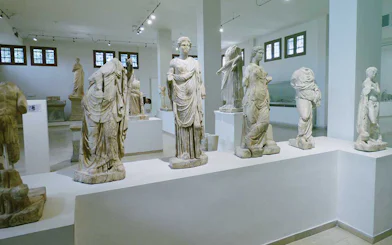Ancient statues displayed in the Archaeological Museum of Dion, Greece.