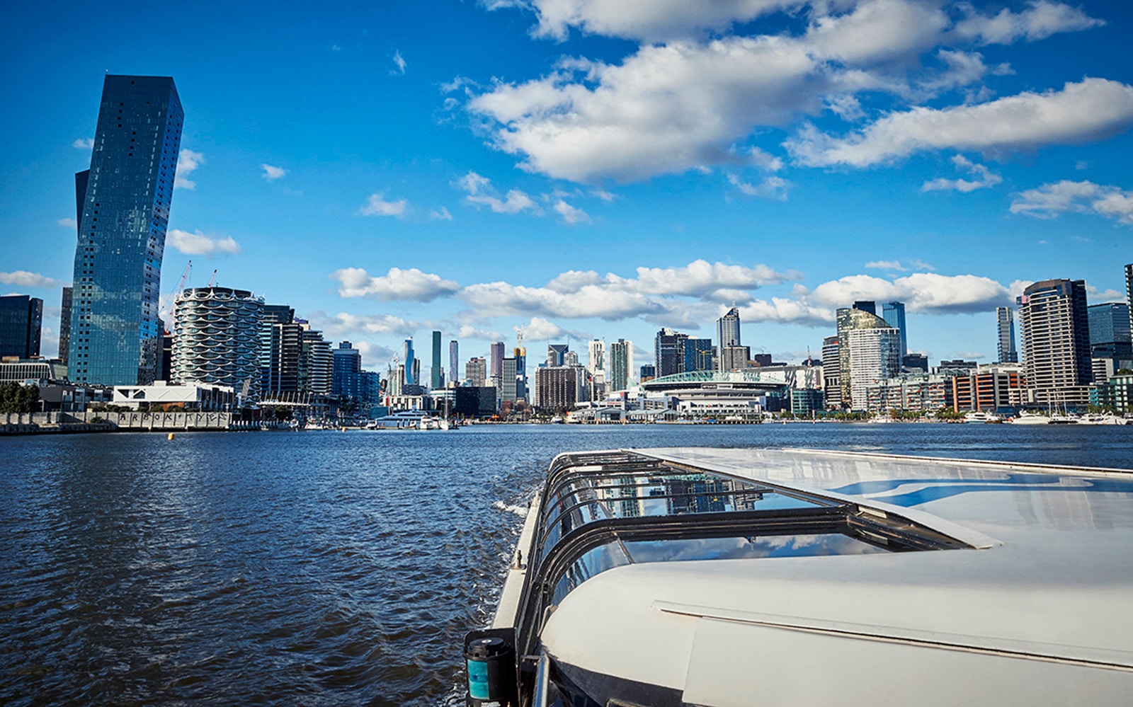 Melbourne City skyline view from Williamstown ferry cruise.