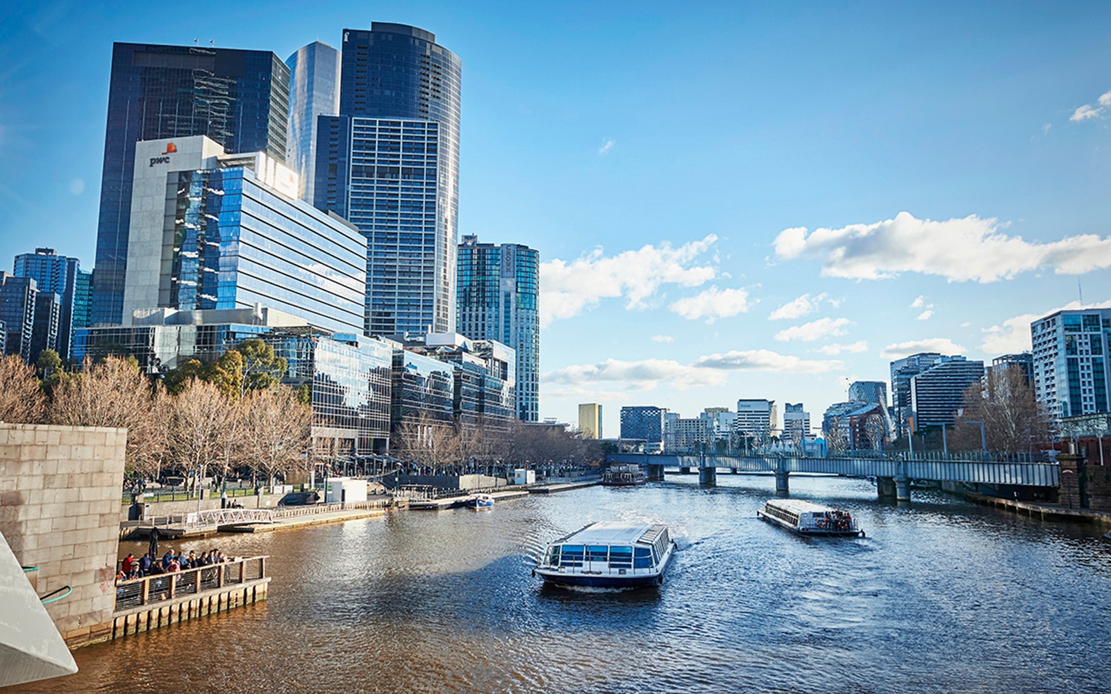 Melbourne City skyline view from Williamstown ferry cruise.