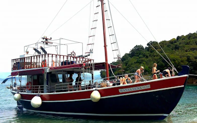Boat with tourists enjoying a full-day trip in Corfu, Greece, near lush coastline.