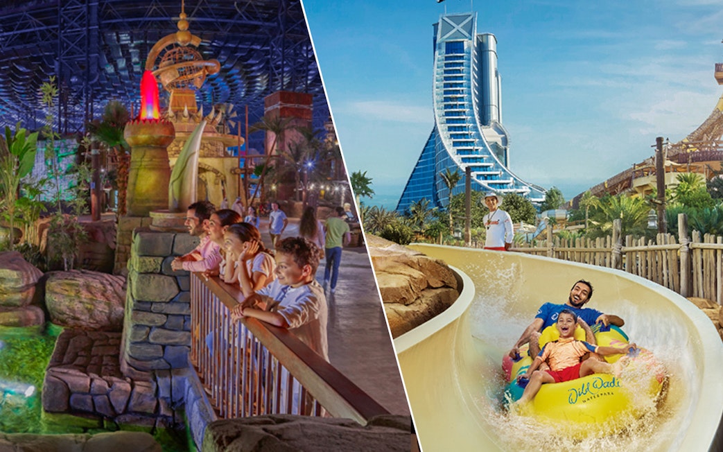 Visitors enjoying attractions at IMG Worlds of Adventure and Wild Wadi Waterpark in Dubai.