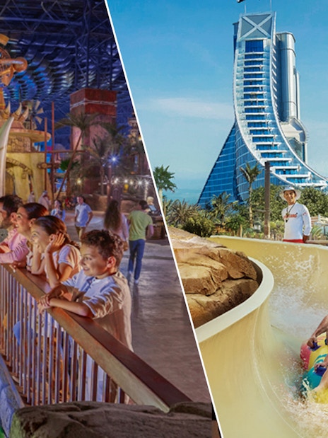 Visitors enjoying attractions at IMG Worlds of Adventure and Wild Wadi Waterpark in Dubai.