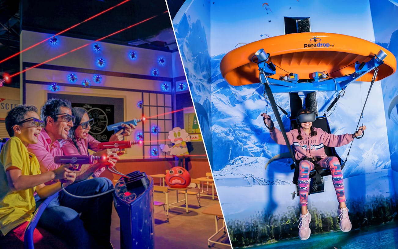 Family enjoying laser tag at IMG Worlds of Adventure and girl experiencing VR ride at VR Park.