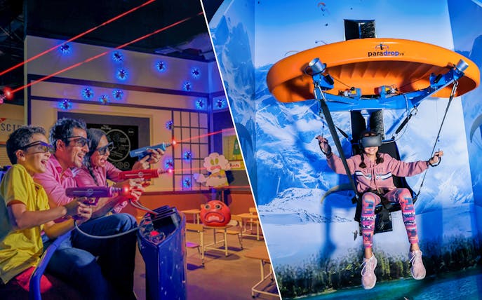 Family enjoying laser tag at IMG Worlds of Adventure and girl experiencing VR ride at VR Park.