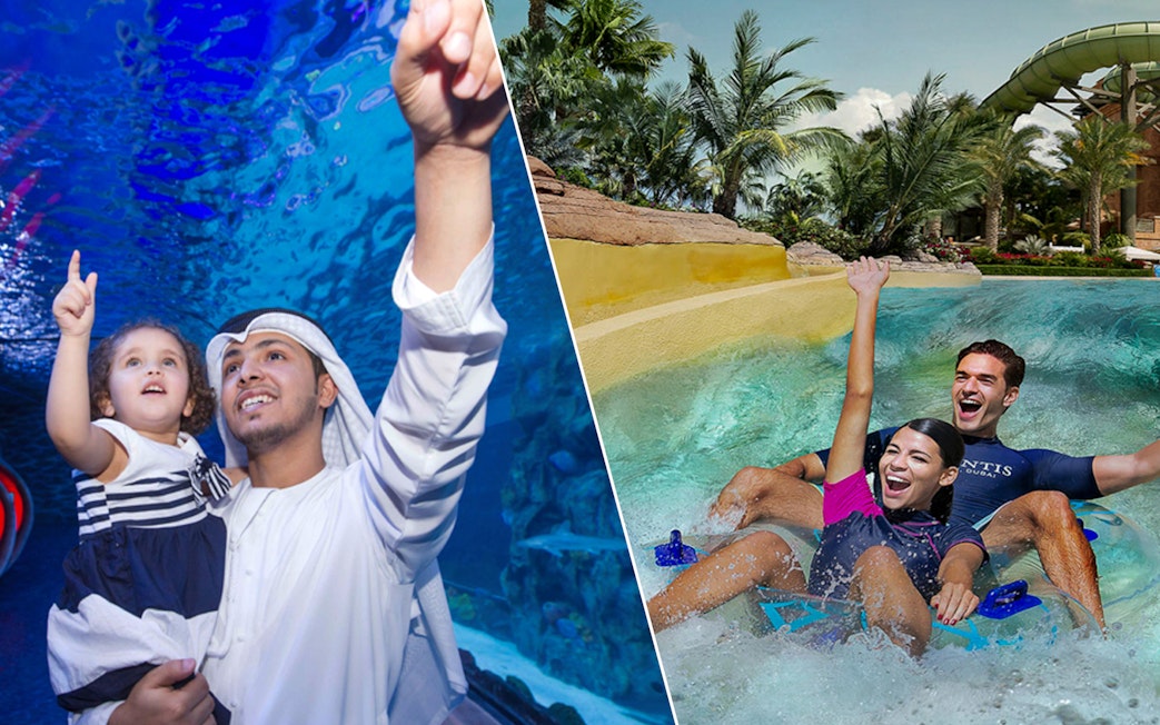 Visitors enjoying Dubai Aquarium and Aquaventure Waterpark attractions.