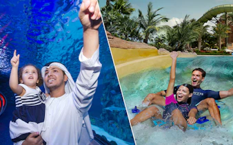 Visitors enjoying Dubai Aquarium and Aquaventure Waterpark attractions.