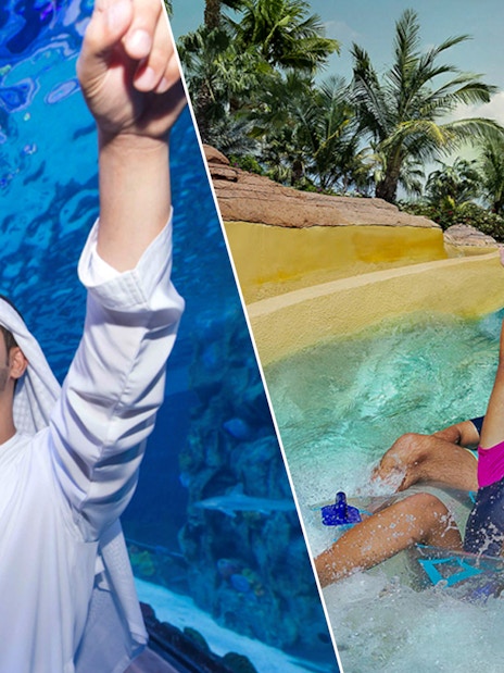 Visitors enjoying Dubai Aquarium and Aquaventure Waterpark attractions.