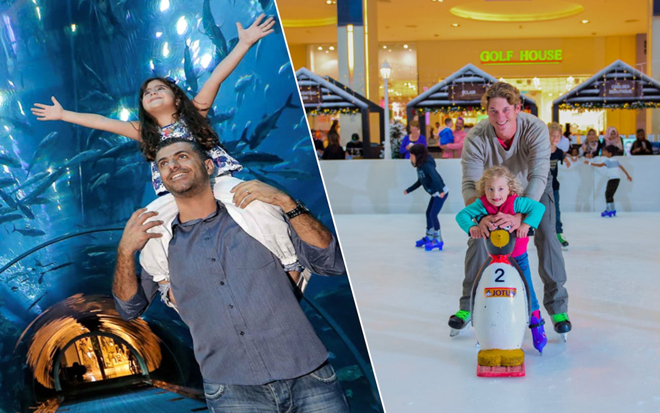 Father and daughter at Dubai Aquarium tunnel; family ice skating at Dubai Ice Rink.