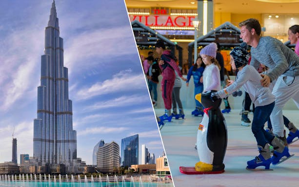 Burj Khalifa and people ice skating at Dubai Ice Rink.