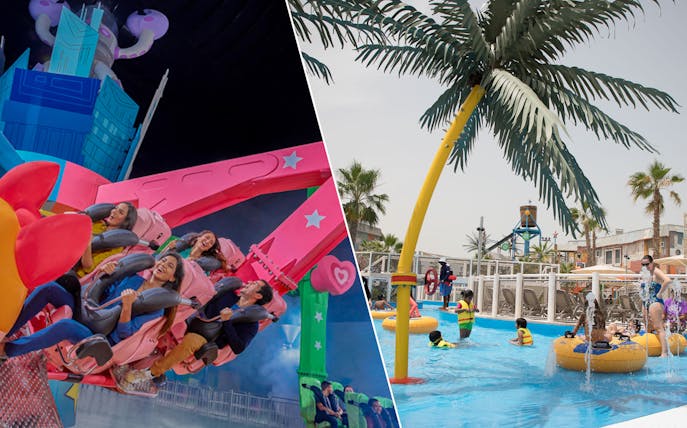 Riders enjoying a thrilling ride at IMG World and families playing in Laguna Waterpark, Dubai.